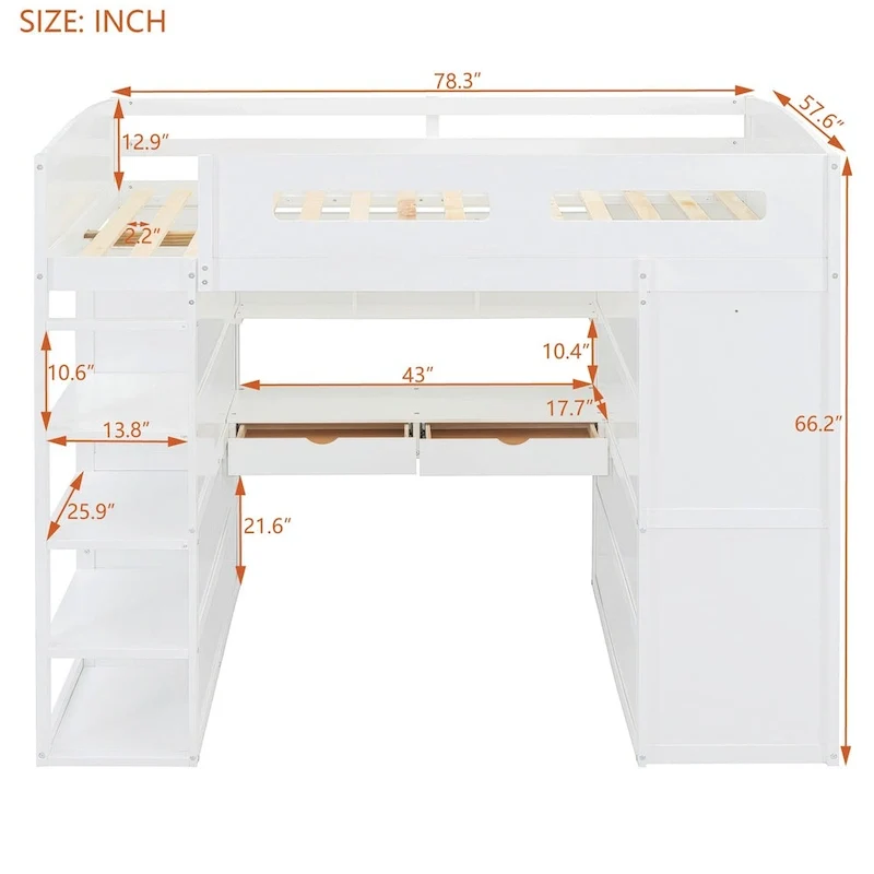 Loft Bed with Desk, Wardrobes, 4 Drawers and 4 Shelves