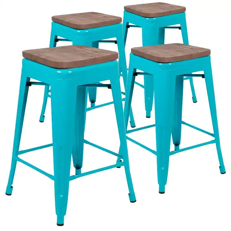 Flash Furniture 24 High Metal Counter-Height, Indoor Bar Stool with Wood Seat - Stackable Set of 4