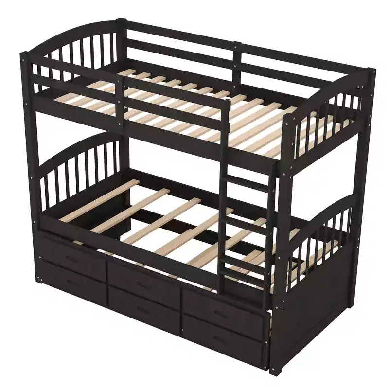 Twin over Twin Wood Bunk Bed with Ladder, Trundle & 3 Drawers – 400 lbs