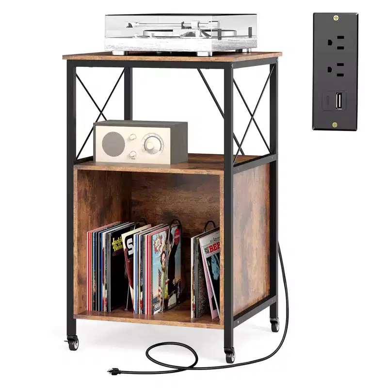 Mobile Record Player Stand with Power Outlet Open Shelf & Dividers Metal Frame