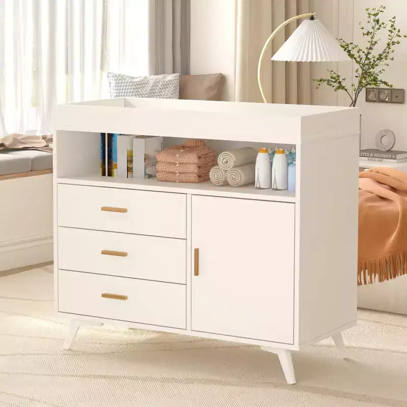 Wooden Nursery Dresser with Changing Table, 3 Drawers & Shelves, Baby Diaper Changing Station & Storage Organizer