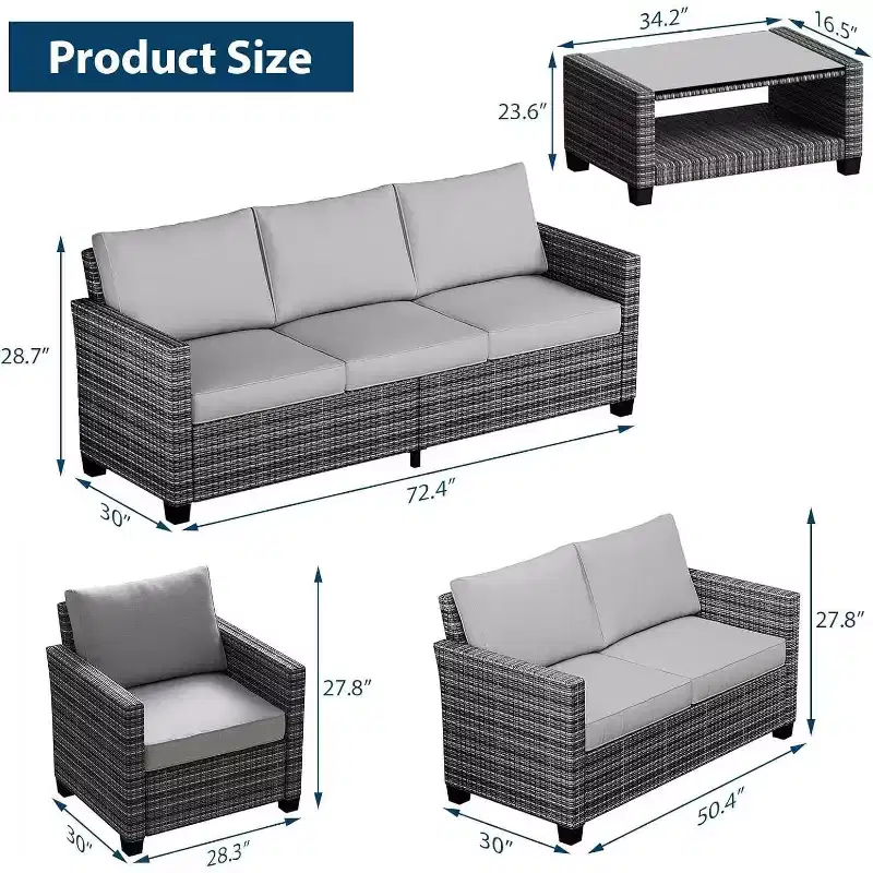 Acekool 5-Piece Outdoor Patio Furniture Set with Weather-Resistant PE Rattan, Tempered Glass Table, Cushioned Chairs for Porch, Balcony, Backyard