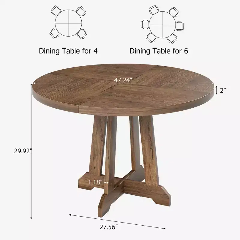 Round Dining Table for 4, 47 Inch Wooden Kitchen Table with Sturty Legs, Dining Room Table, Circle Table, Brown Dinner Table