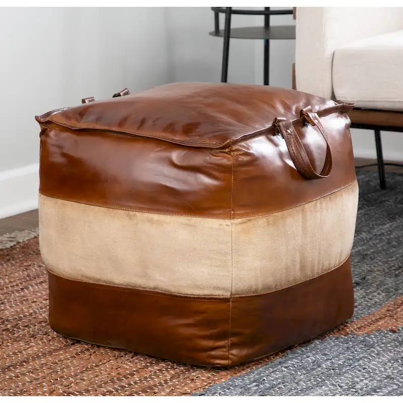 Leather & Canvas Pouf Ottoman – Brown/Tan, Black/Grey, Espresso/Tan – 1 Person