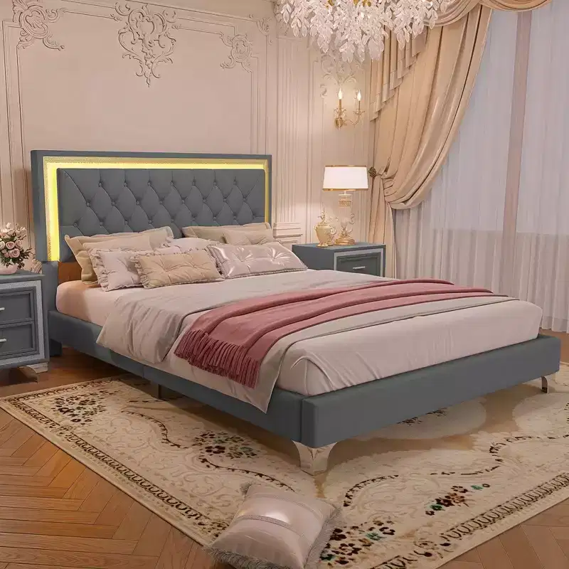 Queen Size Upholstered Bed Frame, Modern Velvet Platform Bed with Tufted Headboard