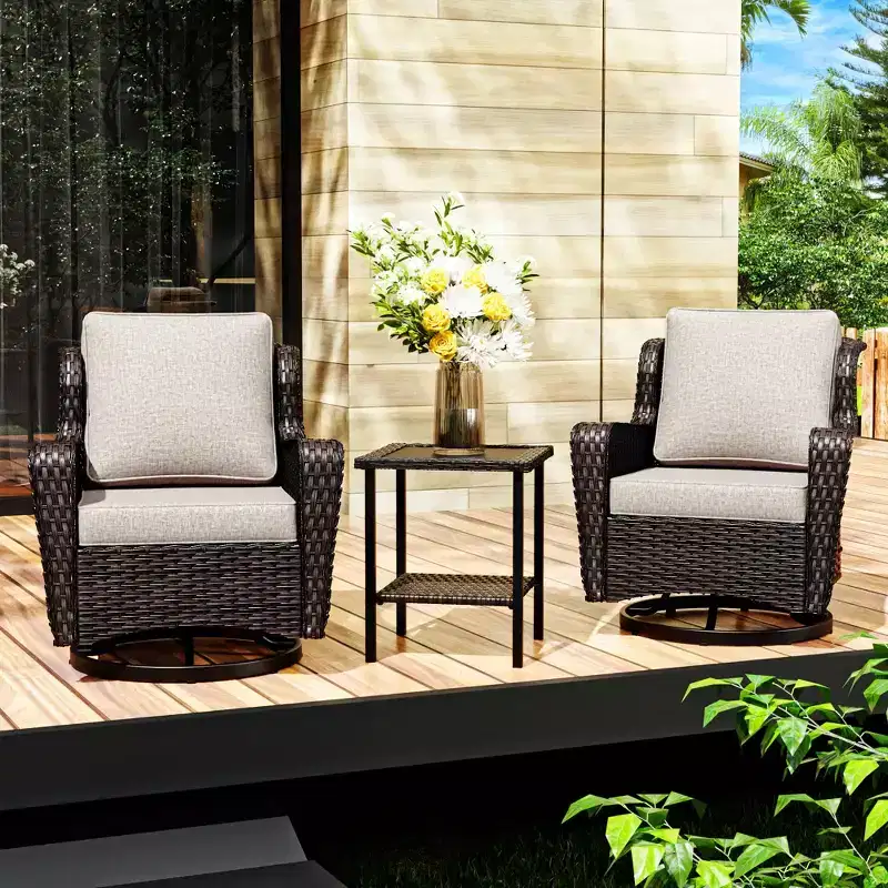 UPTIOT 3-piece Patio Rattan Swivel Chair Set