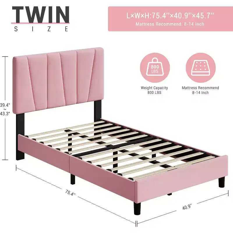 Bed Frame with Adjustable Headboard, Upholstered Platform Bed Frame with Strong Wooden Slats, No Box Spring Needed, Easy Assembly