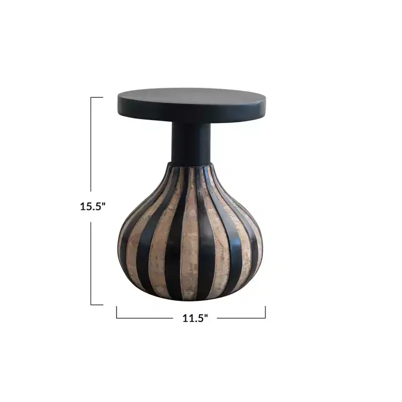 Round Mango Wood Side Table with Striped Base, Black and Natural