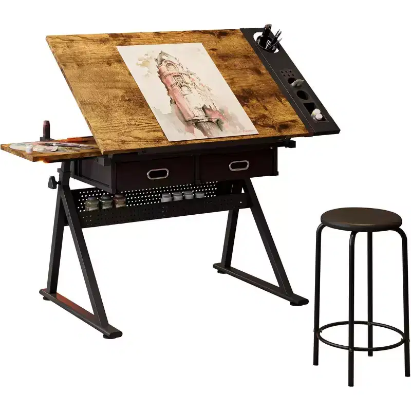 Adjustable Height Drafting Table with 0-75 Tilting Tabletop 2 Storage Drawers Stool Multipurpose Artist Desk for Drawing Painting Sketching Crafting