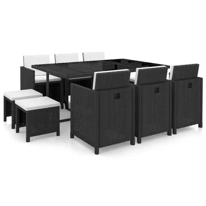 vidaXL Patio Furniture Dining Set - 11-Piece Black Poly Rattan with Cushions, Glass Tabletop - Stylish, Durable, Easy-Clean, Outdoor Garden Furniture