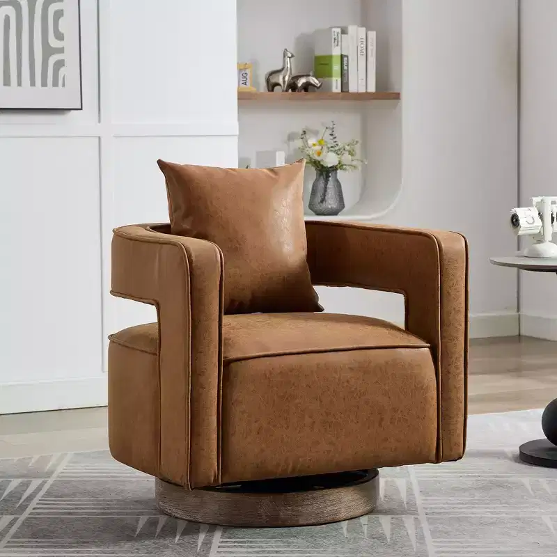 29.1W Swivel Accent Barrel Chair, Upholstered Lounge Chair with Weathered Rubberwood Base, Faux Leather Club Chair for Living Room, Office