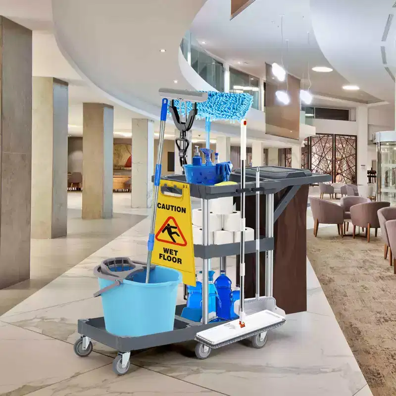 Cleaning Cart, Janitorial Cart - 3 Shelf Trolley with 16-Gallon Trash Bag, 165 Lbs Capacity, 6 Silent Wheels for Hotels, Schools, Offices