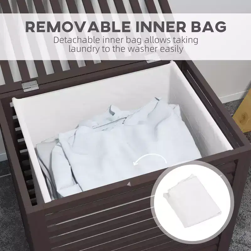 Bamboo Laundry Hamper with Lid & Removable Liner Bag – Coffee, 55L Capacity