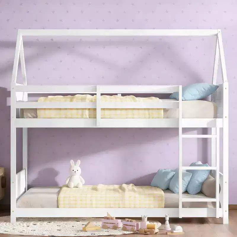 Twin Over Twin House Bunk Bed with Headboard, Footboard and Guardrail