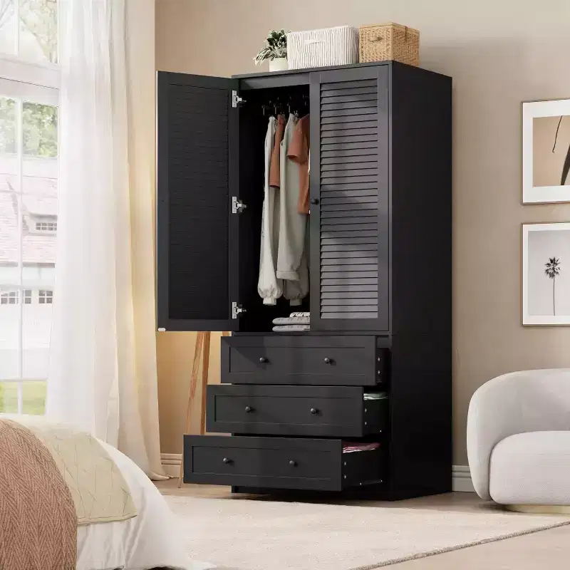 2-Door Armoire Wardrobe with Hanging Rod and Drawers, Tall Wood Storage Cabinet for Bedroom