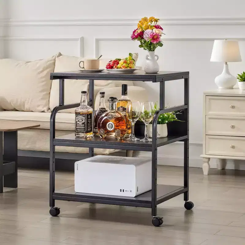 VECELO Printer Stand, 3-Tier Rolling Cart with 5-Level Adjustable Shelves & Lockable Wheels, Black