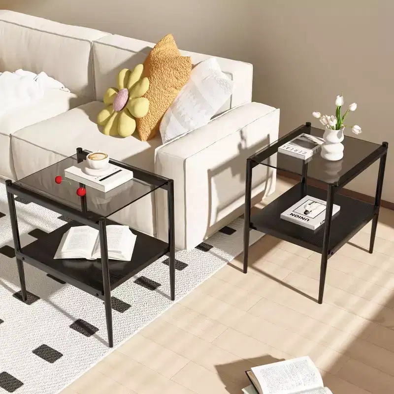 Okak Modern End Table with Tempered Glass Tabletop, Side Table with Bottom Shelf and Metal Frame, Couch Table for Living Room, Set of 2