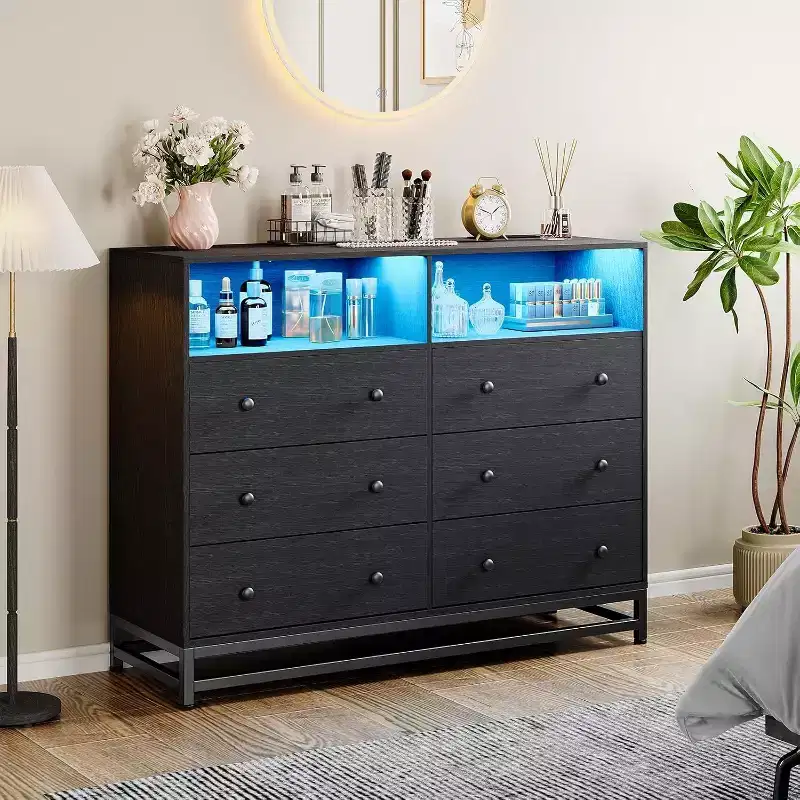 6 Drawer Dresser with Charging Station, Wide Storage Organizer and TV Stand for Bedroom, Living Room