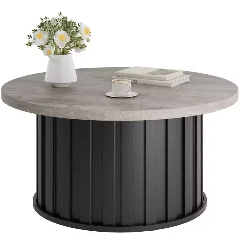 Round Coffee Table, Mid Century Coffee Table with Metal Base, 31.9 inch Fluted Center Table for Living Room, Home Small Space, Apartment