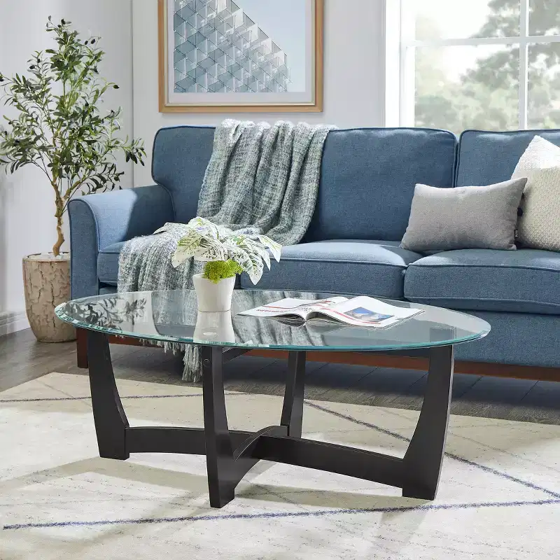 MAYEERTY 48 inch Oval Glass Coffee Table Black Round Coffee Table with Glass Top Small Coffee Table for Living Room Office