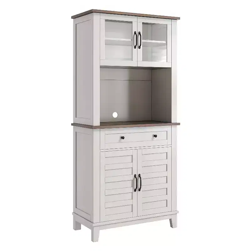 GustoWave 72 Tall Kitchen Bar Cabinet Hutch Featuring 4 Glass Doors & 1 Drawer, Modern Wood Pantry Coffee Cabinet with Ample Storage, White