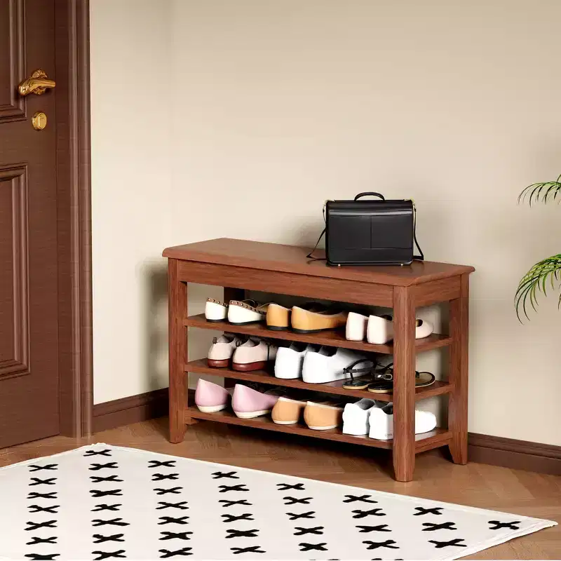 Alistair Mid-Century Modern Rubberwood Shoe Storage Bench