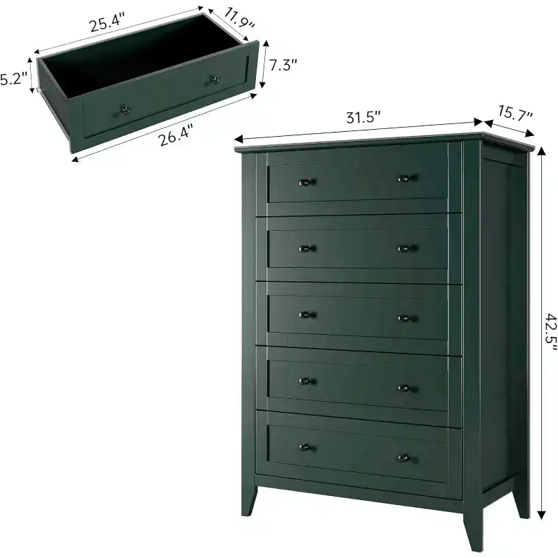 Acekool 5 Drawer Wood Dresser, Modern Minimalist Chest with Metal Handles for Bedroom Living Room Hallway
