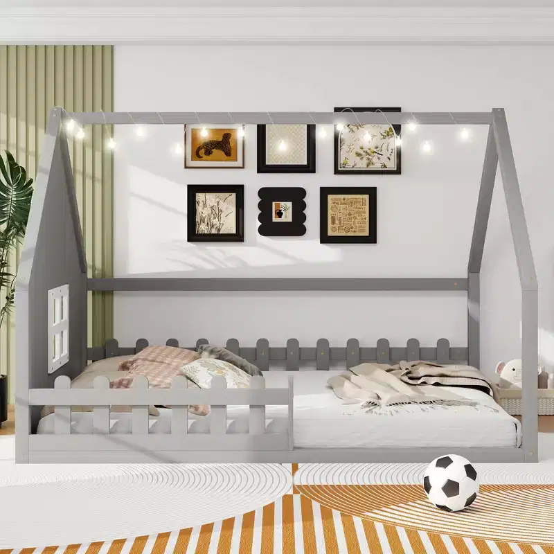 Whisen Full Size Wood House Bed with Window and Fence