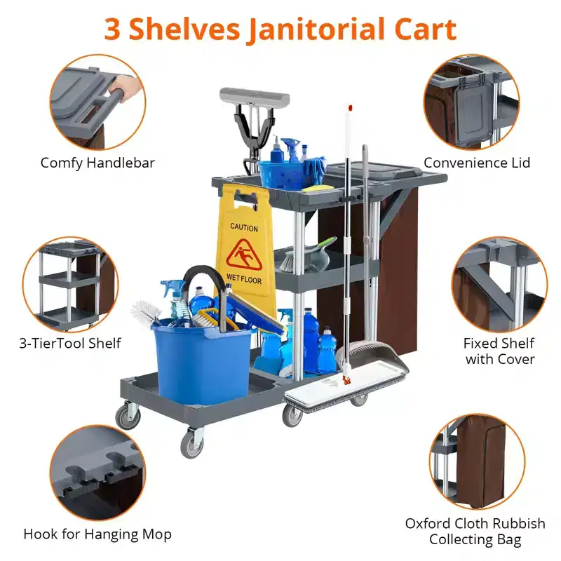 Cleaning Cart, Janitorial Cart - 3 Shelf Trolley with 16-Gallon Trash Bag, 165 Lbs Capacity, 6 Silent Wheels for Hotels, Schools, Offices