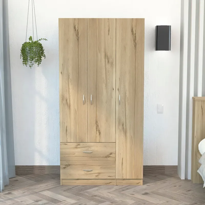 3-Door Armoire with Drawers, Shelves & Hanging Rod – Black / Smoky Oak & White