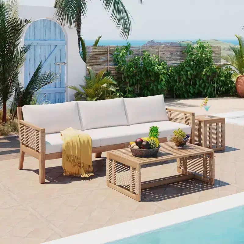 GDFStudio Brynn Patio Acacia Wood 3 Piece Chat Set with 3-Seater Sofa and 2 Coffee Tables