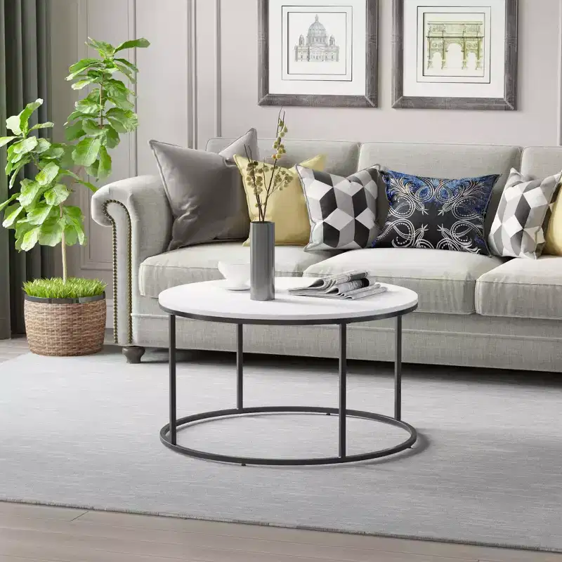 Modern Round Coffee Table with Black Metal Frame, White, 31.5
