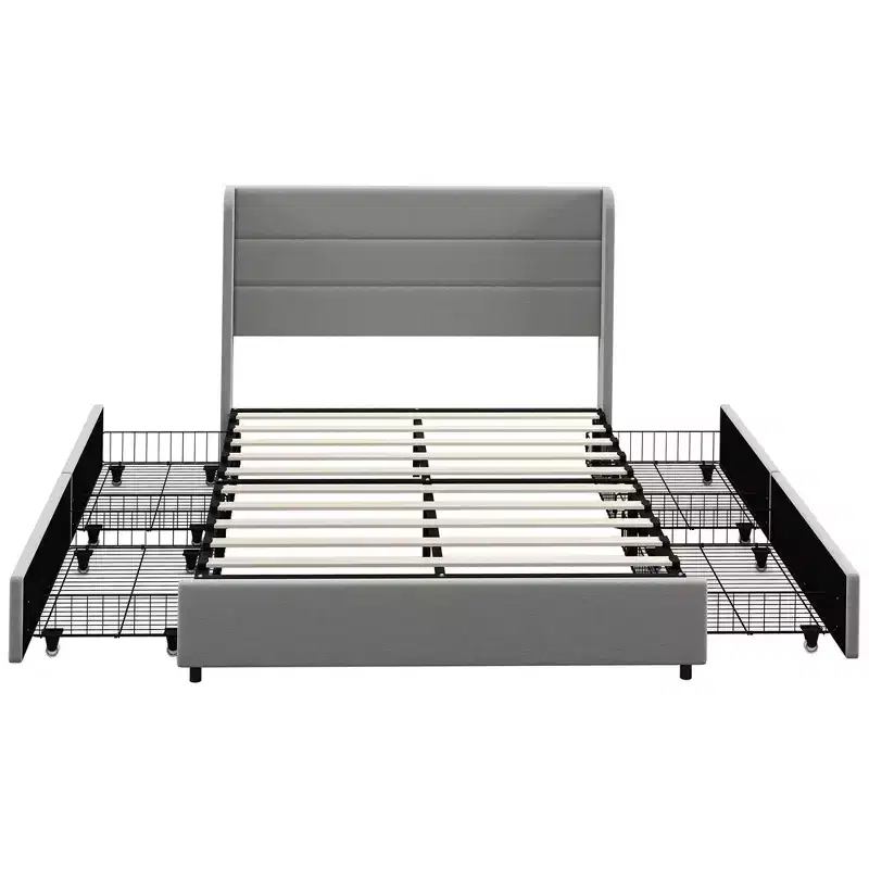HOMCOM Bed Frame with Headboard, Upholstered Platform Bed Frame with Storage Drawers, Wood Slats, Noise-Free and Easy Assembly, Light Gray