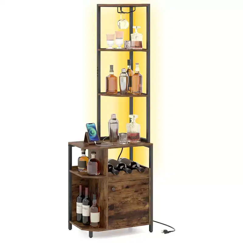 Corner Bar Cabinet with LED Lights, Charging Station, Glass Holder and Open Shelves, 61.5