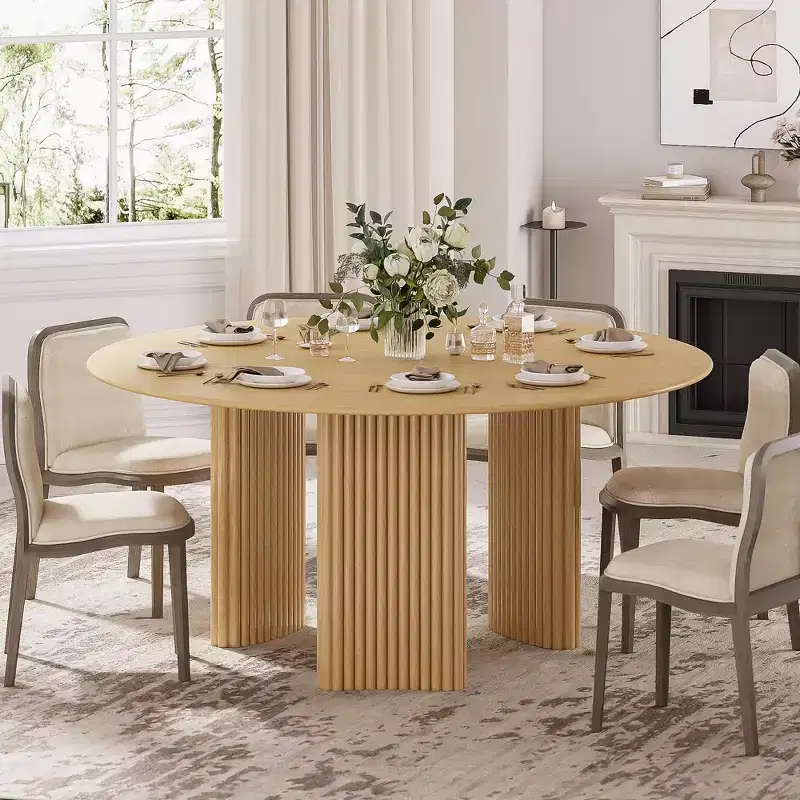 60 Modern Round Dining Table with Striped Column Legs Solid Wood Kitchen Table Anti-Scratch Footpads for Dining Room & Kitchen Bar in Natural