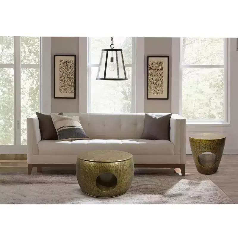 23 Inch Coffee Table, Low Round Drum Shape with Unique Hollow Center