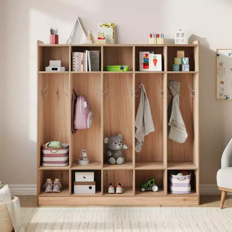Kids Coat Locker Organizer with 10 Cubbies & Hooks, 5-Section Storage Unit for Classroom, Nursery, Entryway or Playroom, Natural Oak