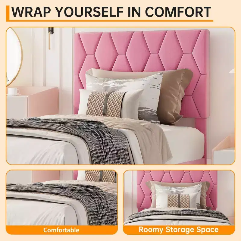 Bed Frame with Upholstered Headboard ,No Box Spring Needed, Noise Free, Easy Assembly, Pink