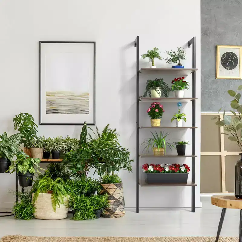5-Tier Ladder Shelf, Wood Wall Mounted Bookshelf with Metal Frame Display Shelf