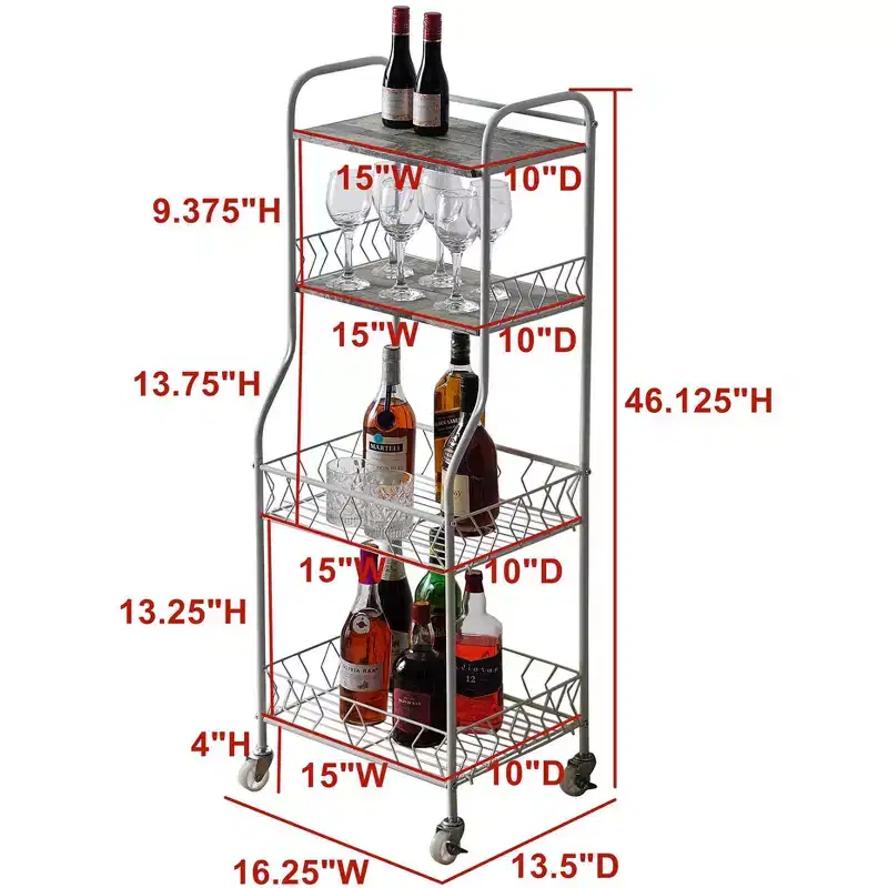 4-Tier Rolling Baker's Rack Serving Cart with Wood Veneer Shelves & Locking Wheels, White