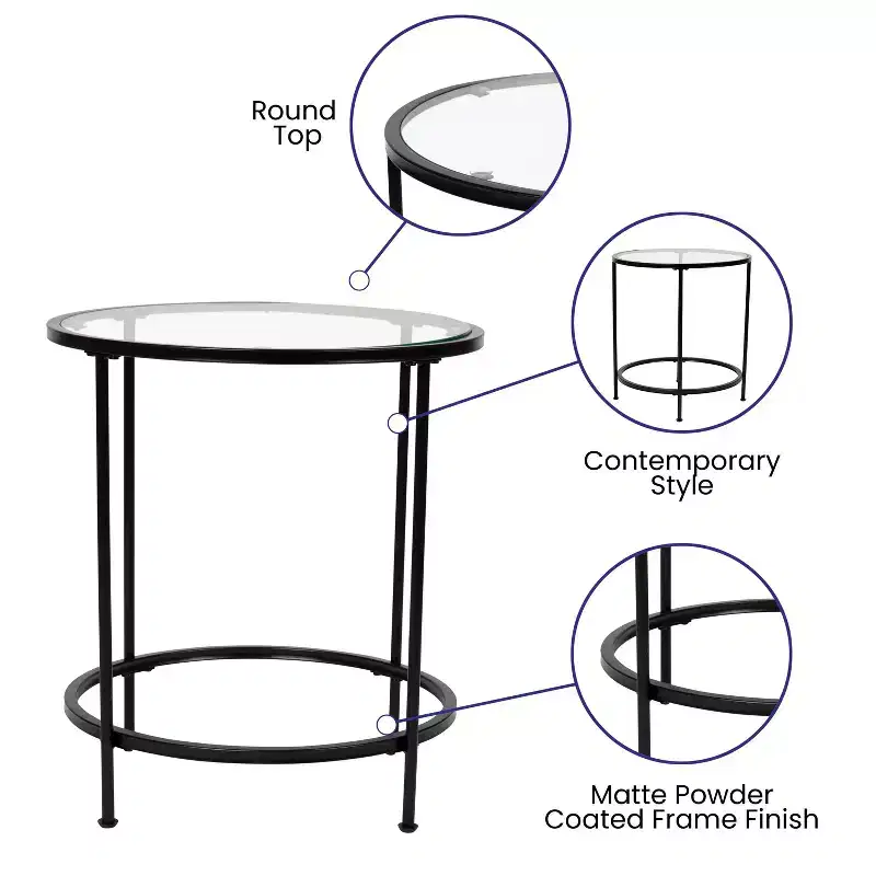 Astoria Collection Round End Table - Modern Clear Glass Accent Table with Matte Black Frame