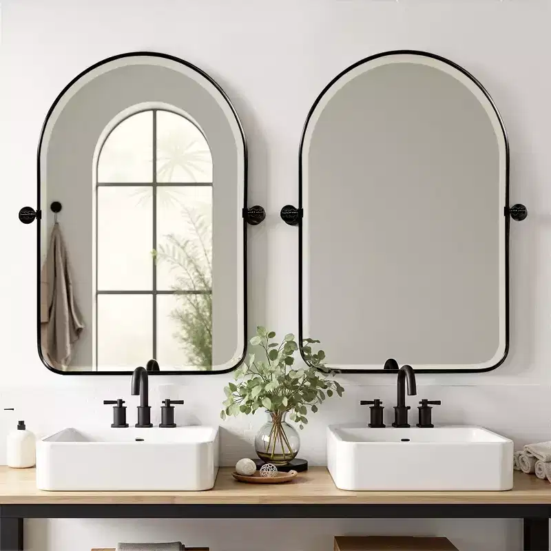 PexFix 32 x 23 Wrought Iron Rounded Arch Black Pivot Wall Mirror Tilting Bathroom Vanity Mirror Metal Framed Adjustable for Bedroom Living Room