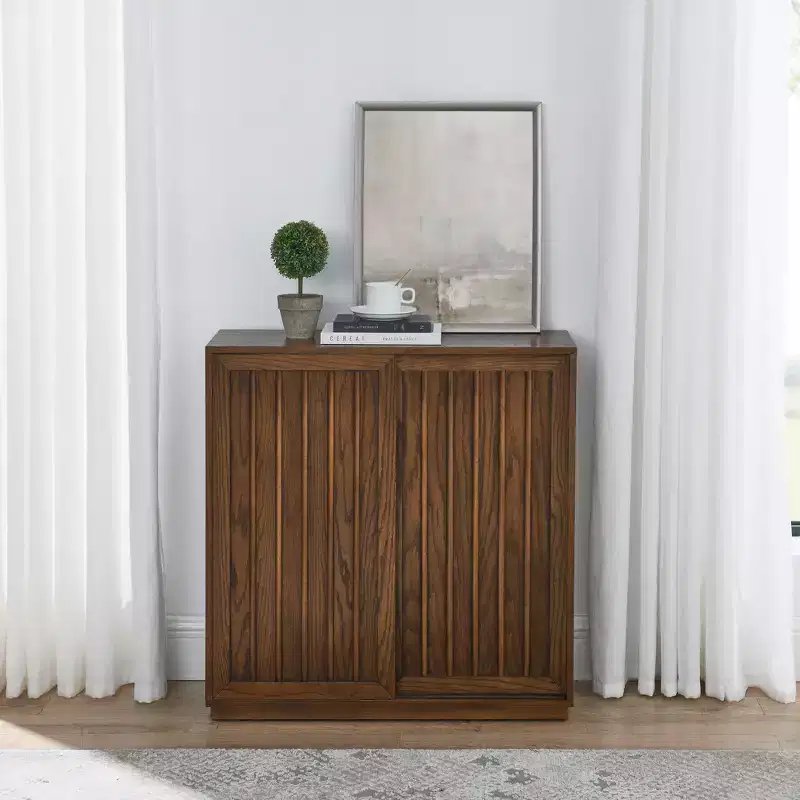 31-Inch Medieval-Style Sideboard with Two Sliding Doors and Solid Wood Trim, Suitable for Living Rooms and Kitchens, Walnut Finish