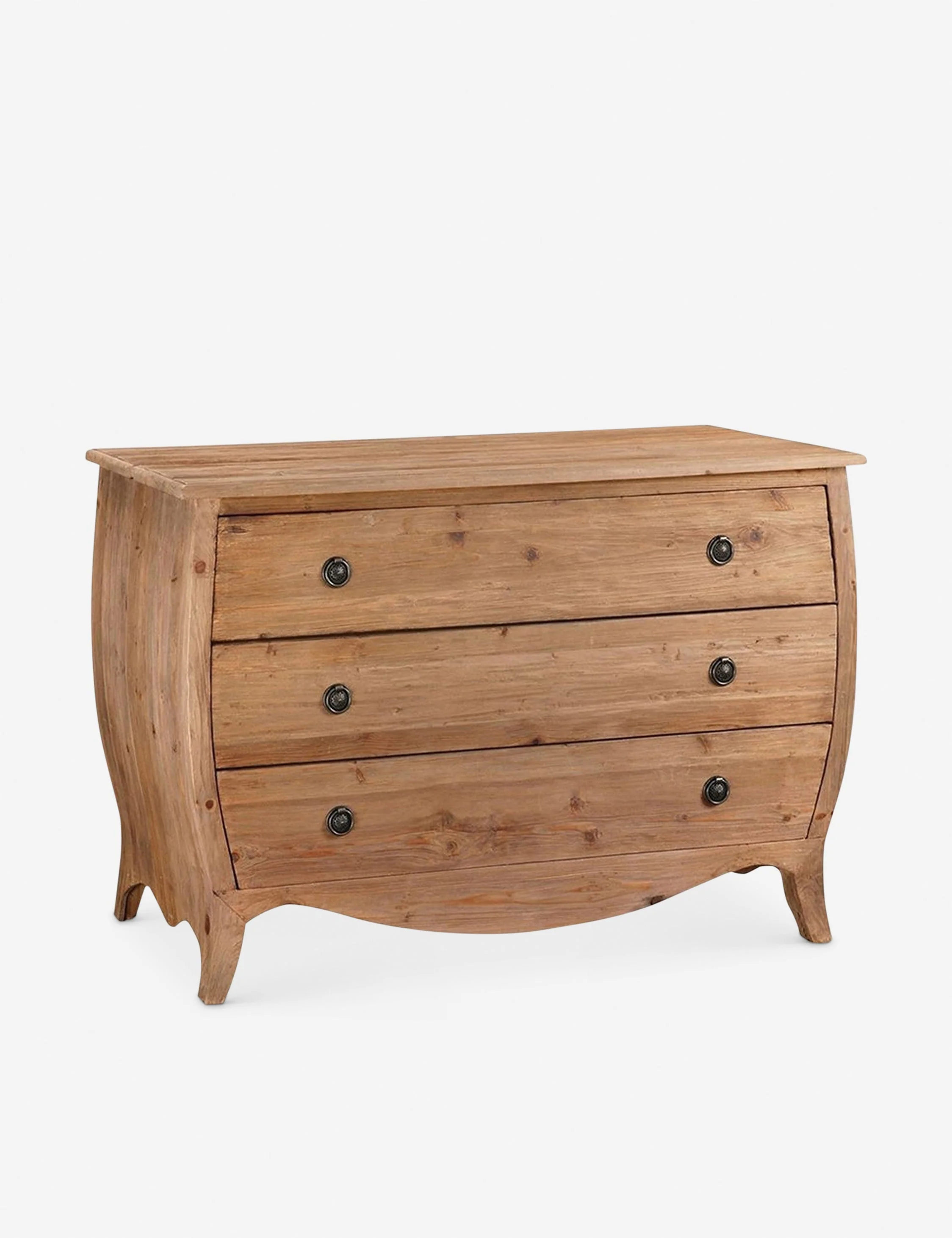 Dresser A richly-grained pine finish contrasts with the curved silhouette of the dresser for a vintage-inspired feel in your bedroom. Three A