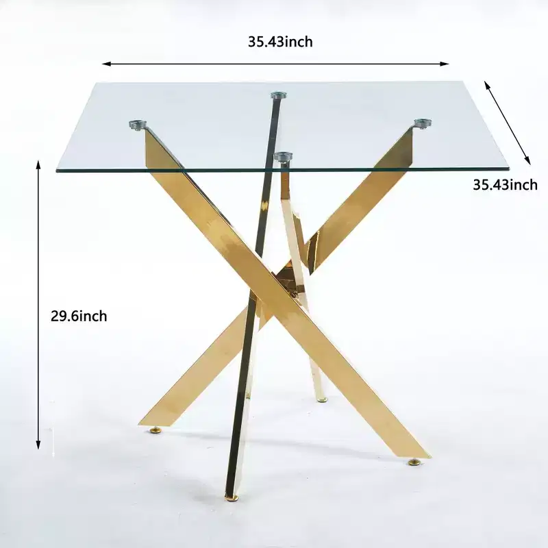 Square Tempered Glass Dining Table with Gold Cross Metal Legs, Space-Saving, 90x90x75cm