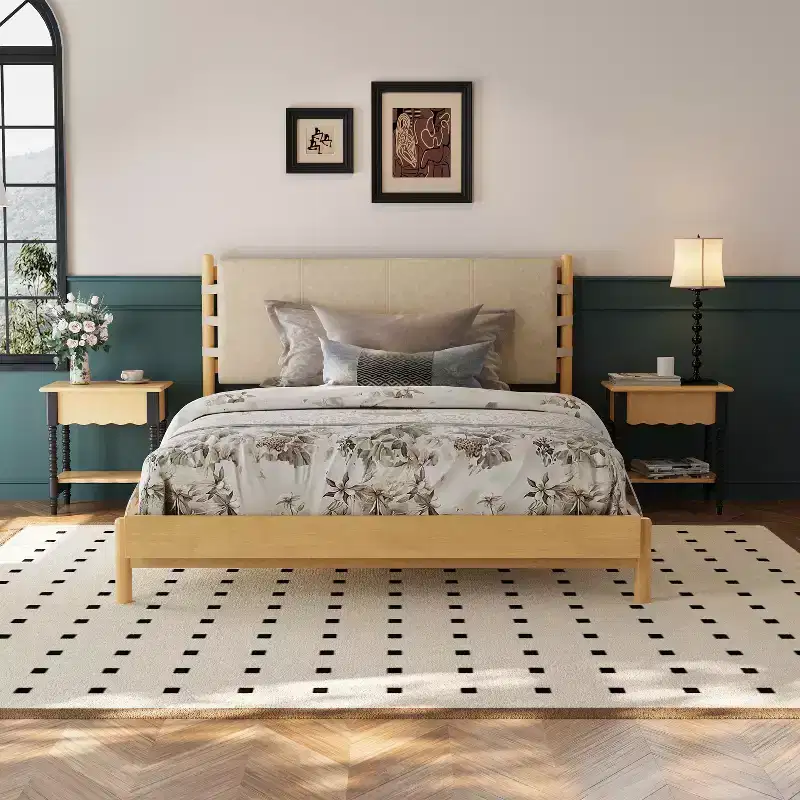 Christopher Knight Home Evelyn Mid-Century Modern Rubberwood Bed with Upholstered Headboard