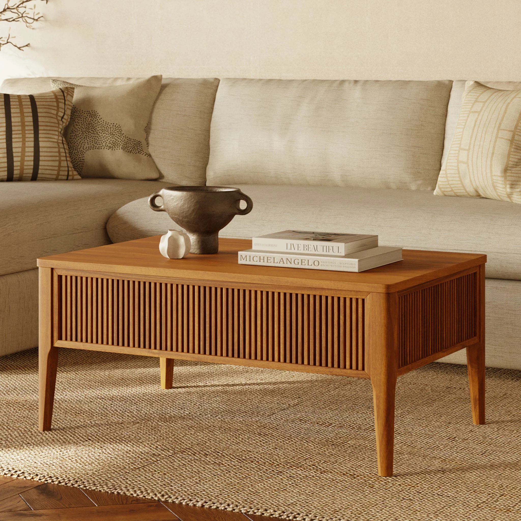Mid-Century Modern Light Brown Coffee Table with Lift-Top Storage