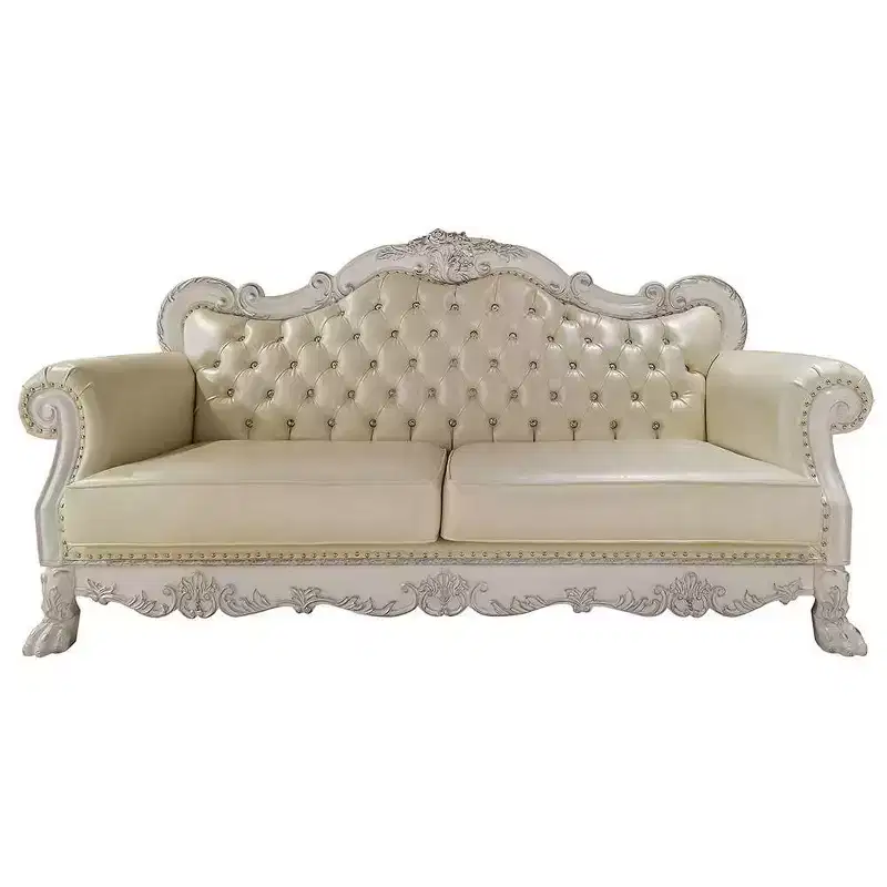 85.5" Dresden Sofa Leather Aire & Bone White Finish - Acme Furniture: Traditional Upholstered Tufted with Nailhead Trim