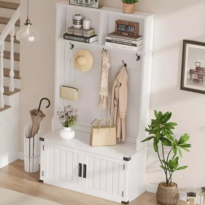 Entryway Hall Tree with Shoe Storage Bench, Coat Rack, 5 Hooks, Adjustable Shelf & Wood Doors – White