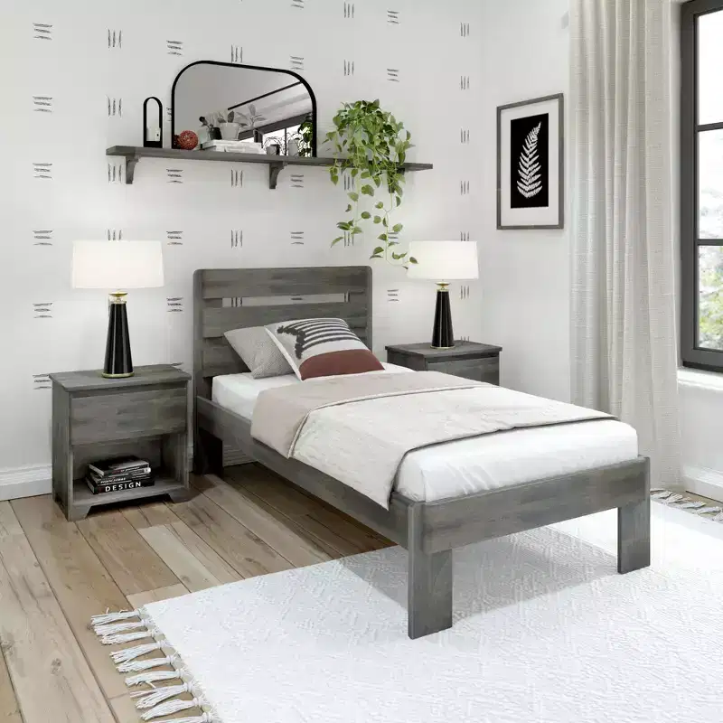 Farmhouse Twin Solid Wood Platform Bed with Slatted Plank Headboard